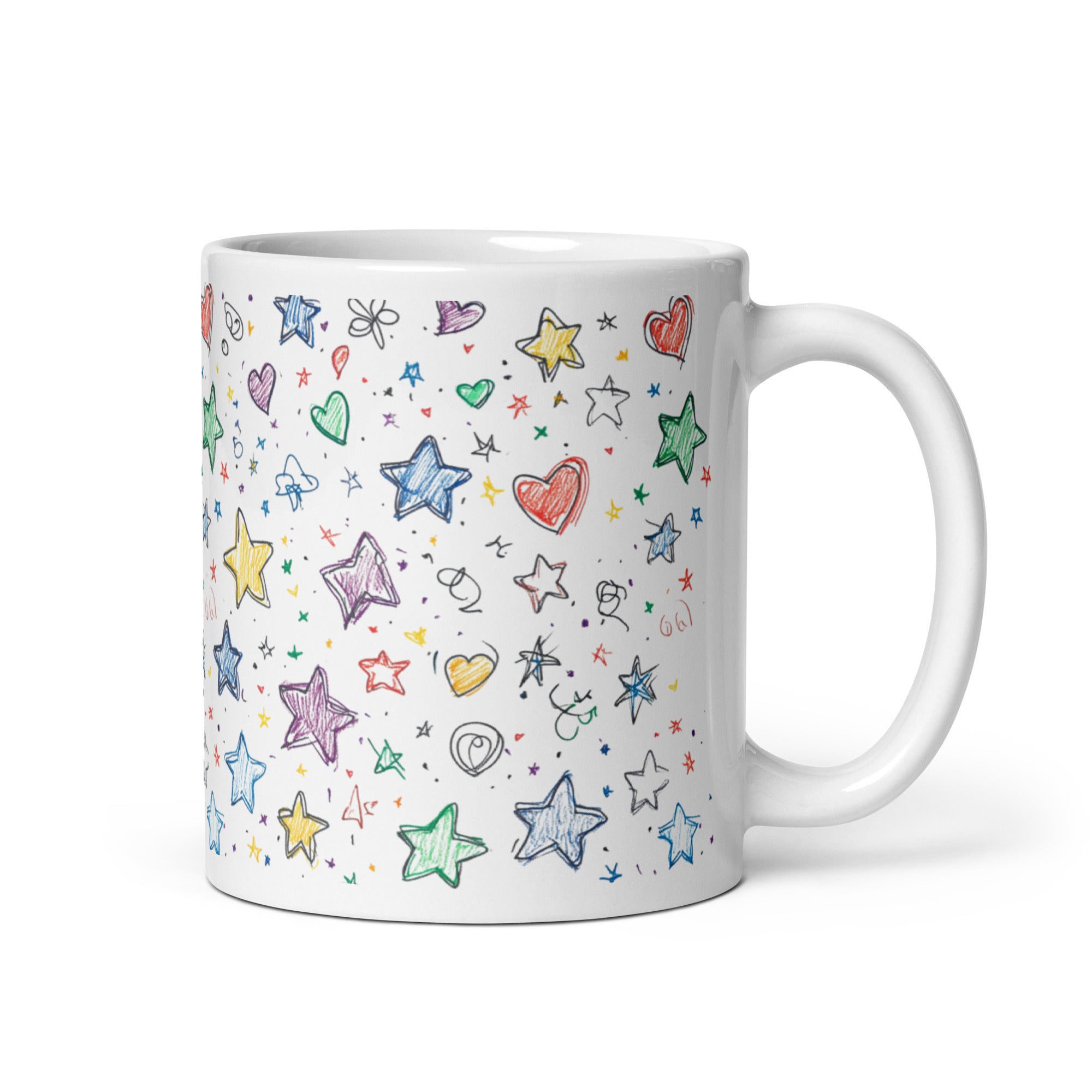 A set of two ceramic coffee mugs with colorful full-wrap designs of stars and hearts on a light background.