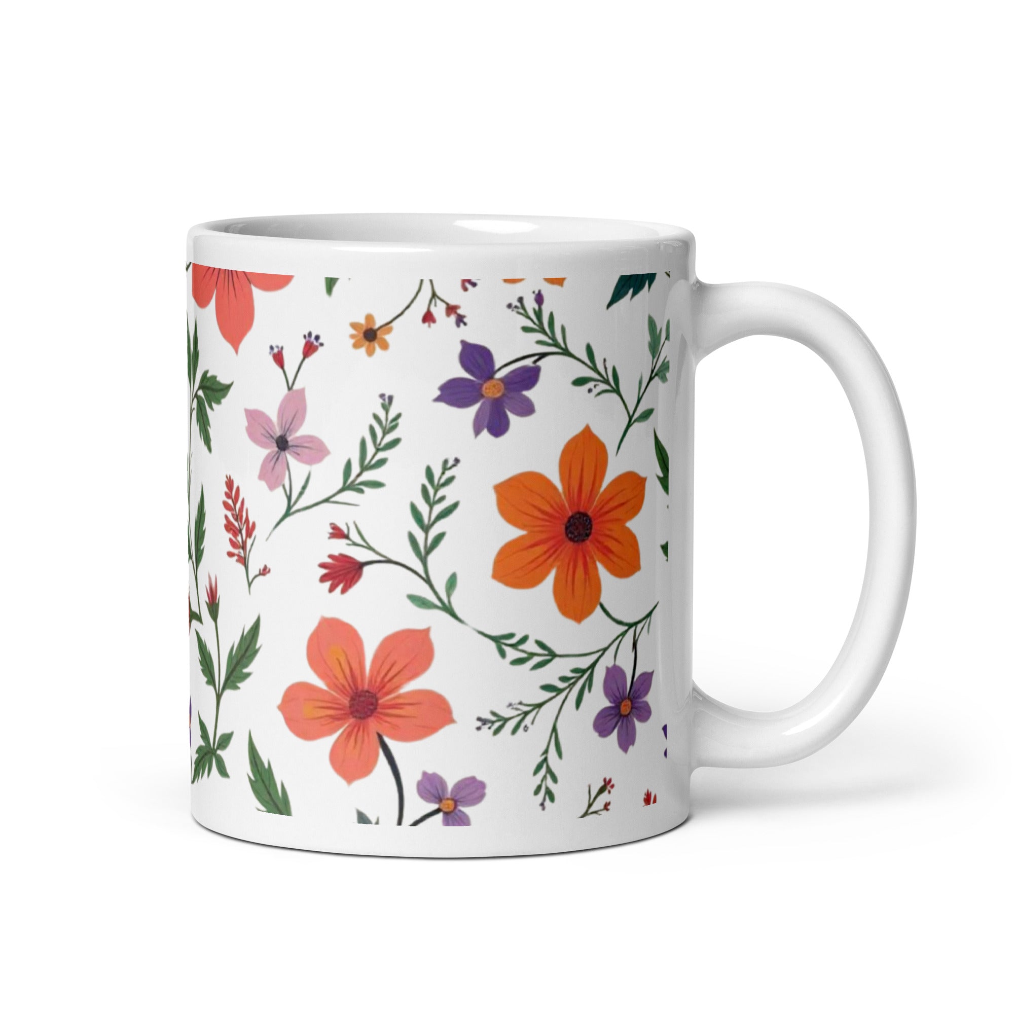 Romantic Floral Mug 11oz with colourful botanical flower pattern, ceramic coffee cup gift for women and nature lovers
