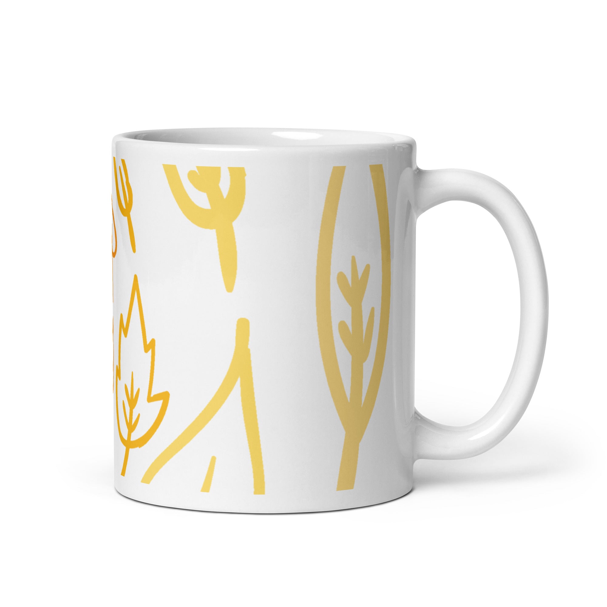 White ceramic mug with botanical handle detail