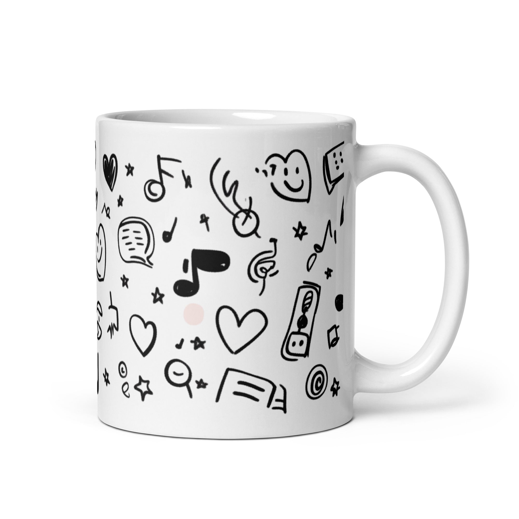 Music Doodle Mug on breakfast table, musician coffee cup