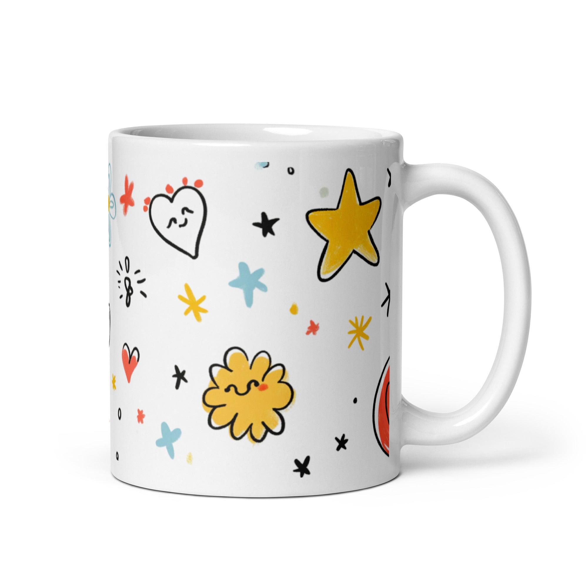 Sunny Doodle Mug boxed for gift, yellow star design, ceramic