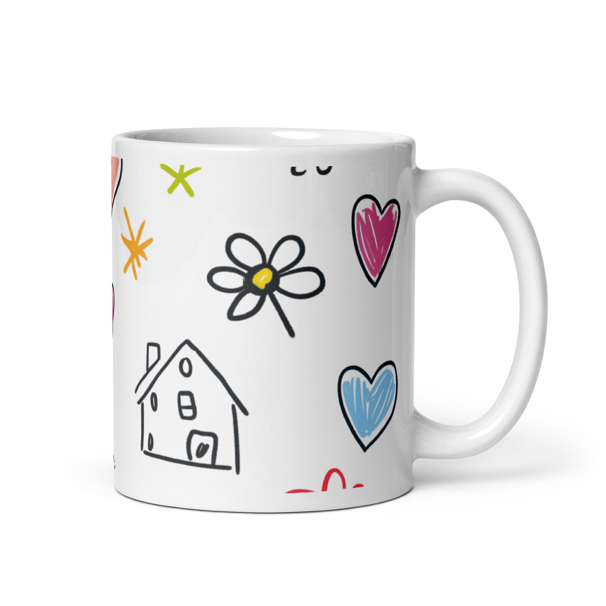 White mug with colorful hand-drawn designs on a white background