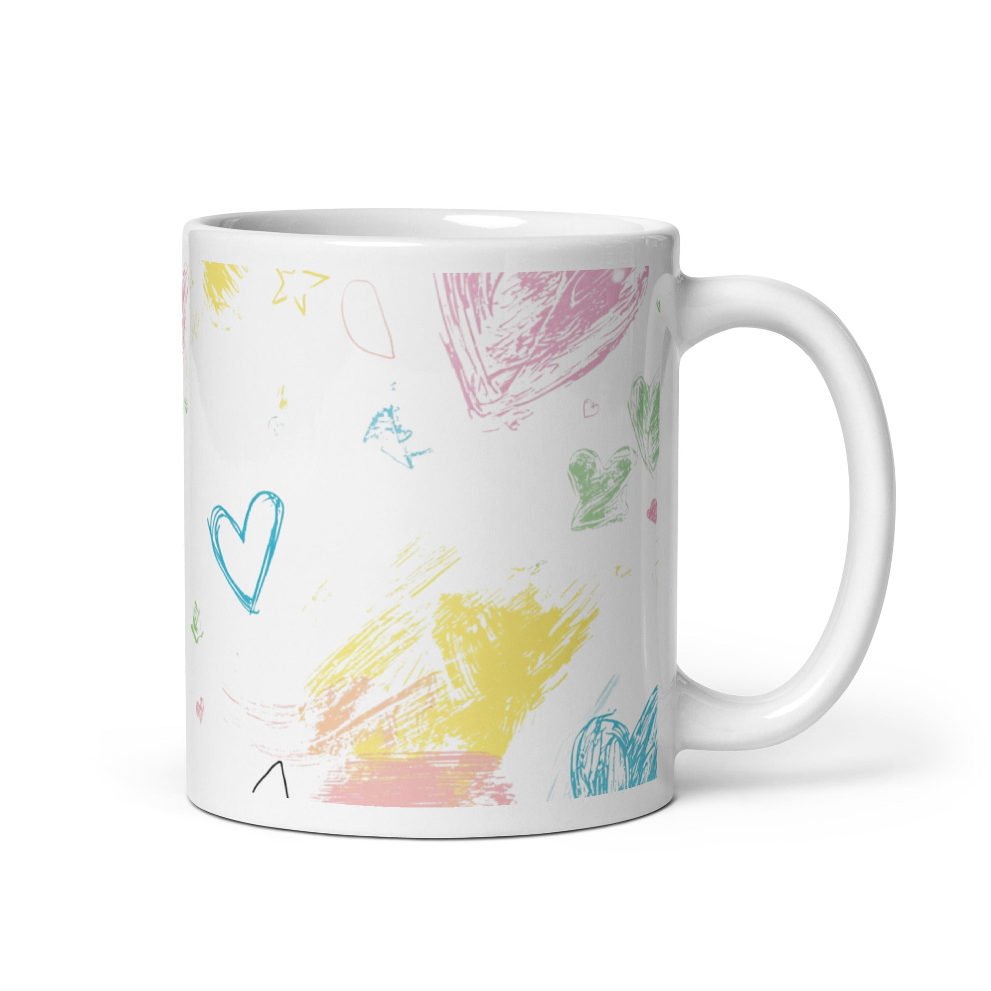 White mug with colorful abstract designs on a white background