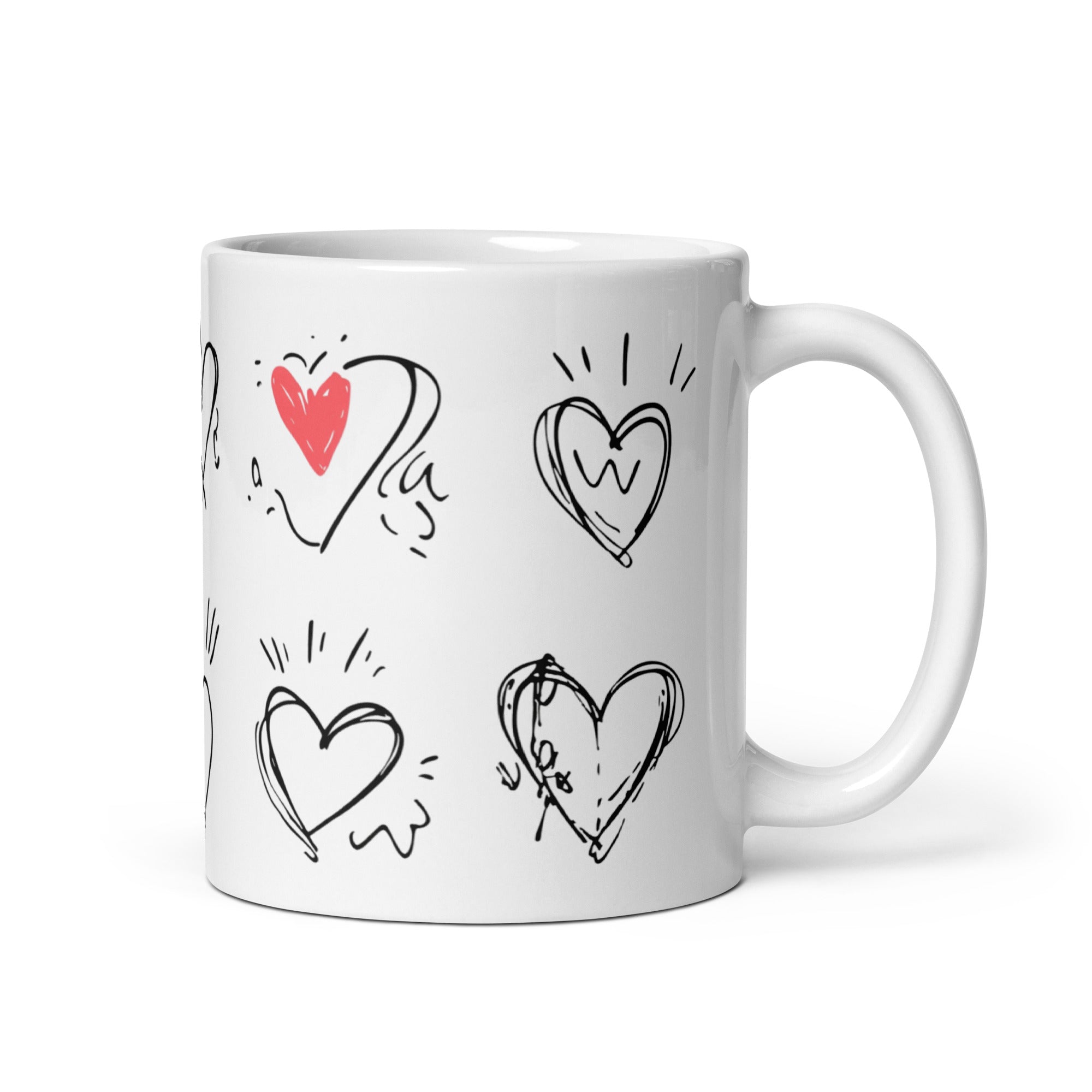 White mug with heart designs on a white background