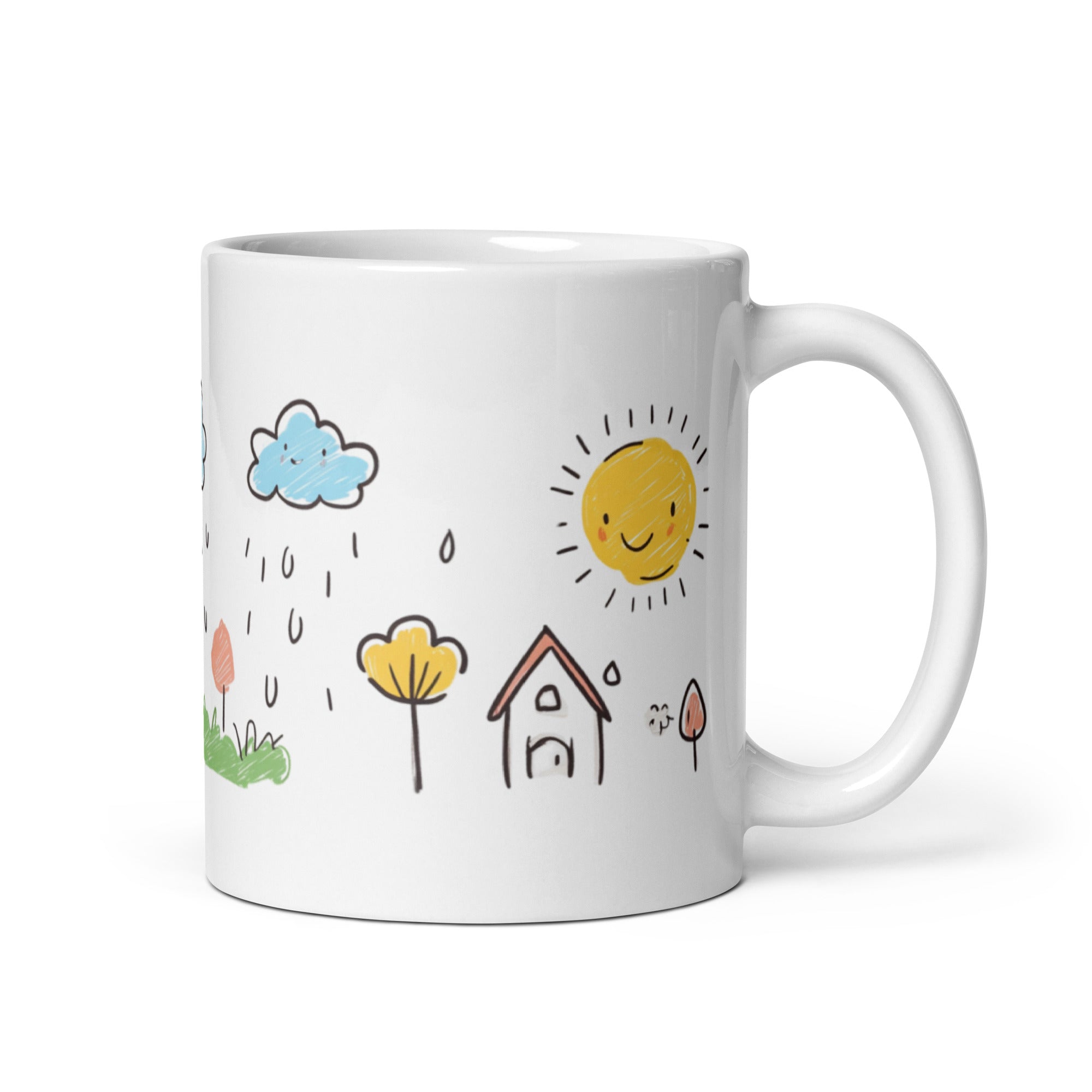 Child’s hands holding kids mug, colorful sun and cloud art