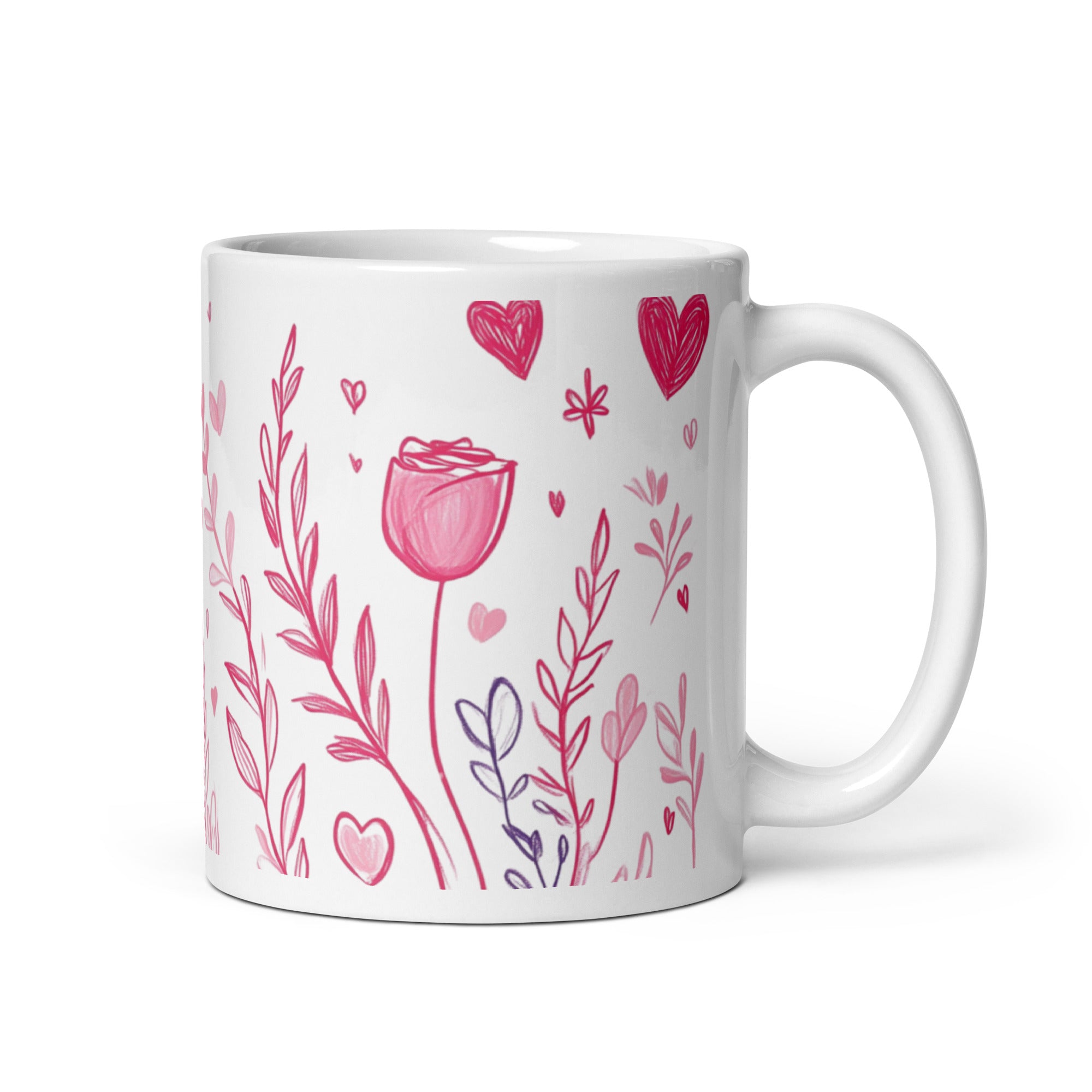 Heart & Flowers Romantic Ceramic Mug 11oz - Pink Hearts & Floral Gift Cup