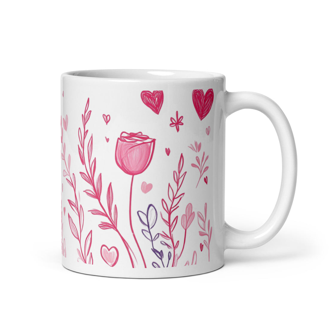 💕🌿 “Blush of Love” – 325ml (11oz) Premium White Ceramic Coffee Mug – Hand-Drawn Romantic Floral & Heart Pattern in Soft Pinks and Lavenders – Perfect Gift for Lovers, Dreamers, and Gentle Souls 🌸✨