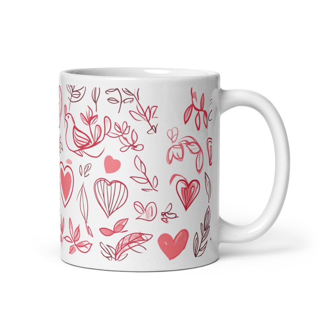 🌸💖 “Whispers of Love & Leaves” – 325ml (11oz) Premium White Ceramic Coffee Mug – Minimalist Hand-Drawn Heart & Botanical Pattern in Blush Pink and Black – Romantic Mug for Nature Lovers, Dreamers, and Gentle Souls 🌿✨