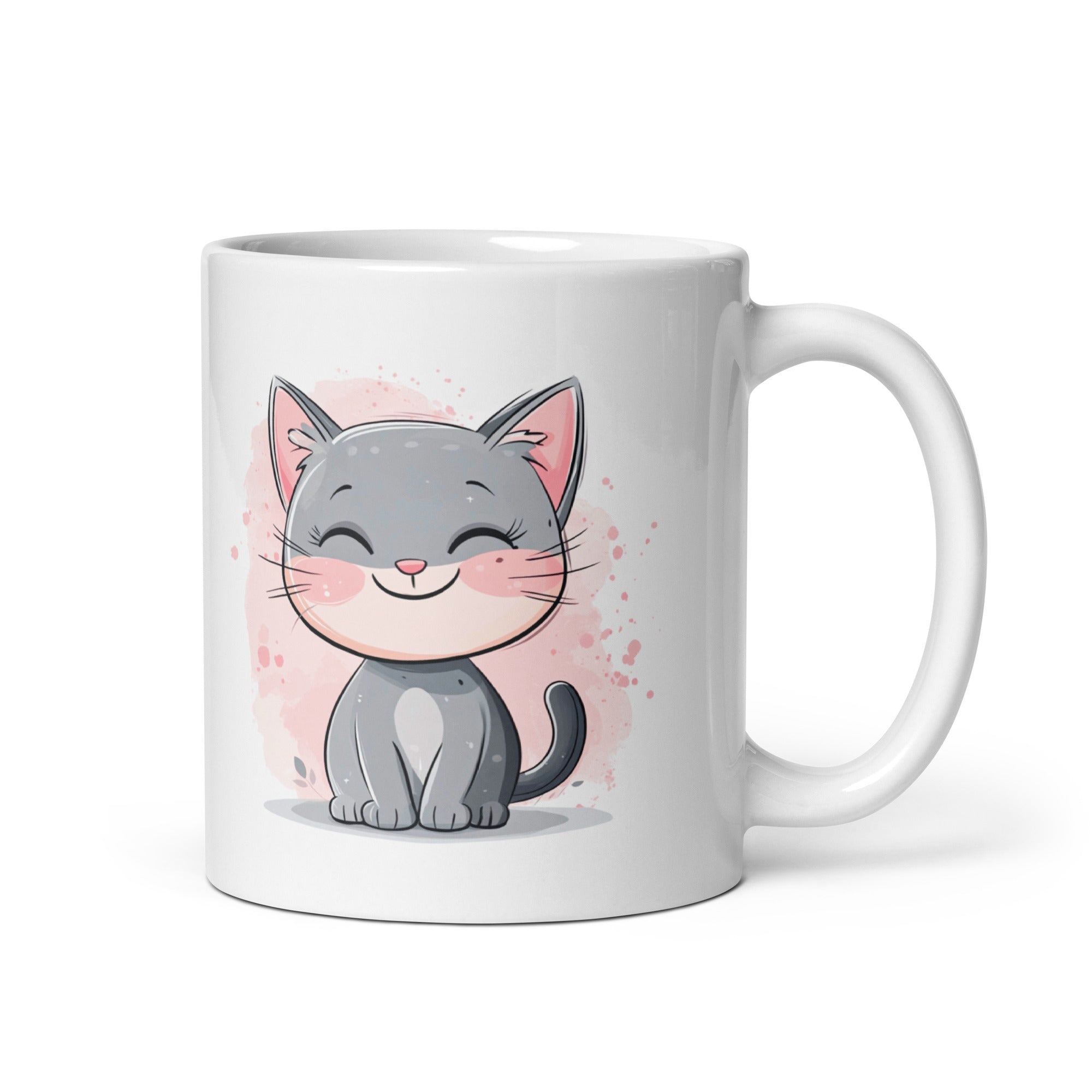 Side view, grey cat coffee cup, pastel background, 11oz