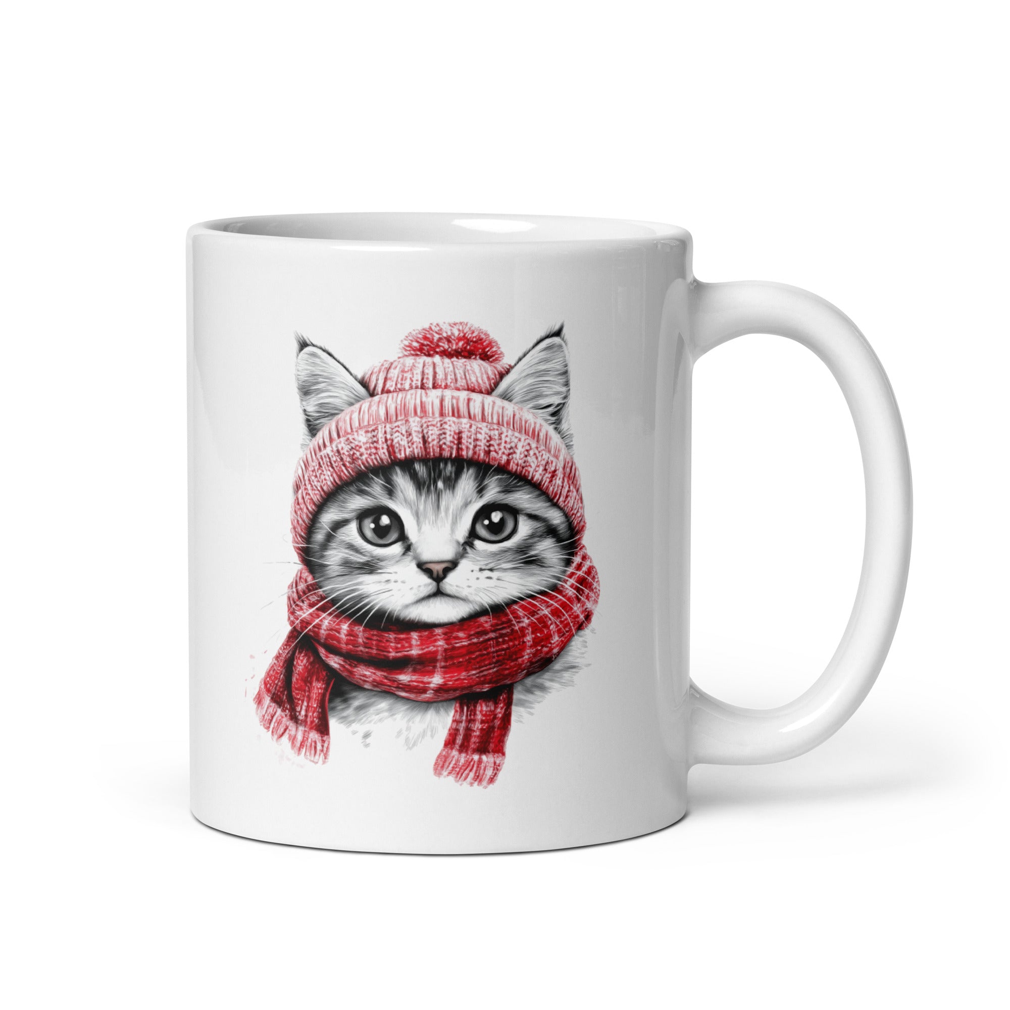 Winter Cat Mug on breakfast table, cosy morning scene with coffee