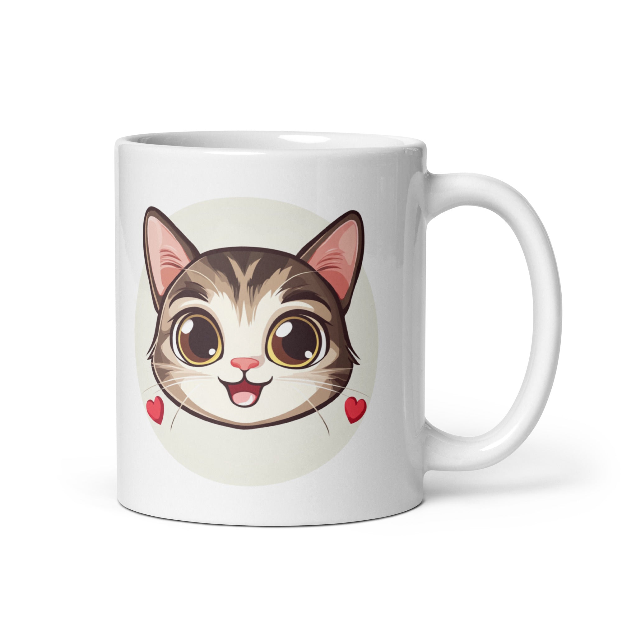 Woman enjoying breakfast with Kawaii Cat Mug, cute coffee cup