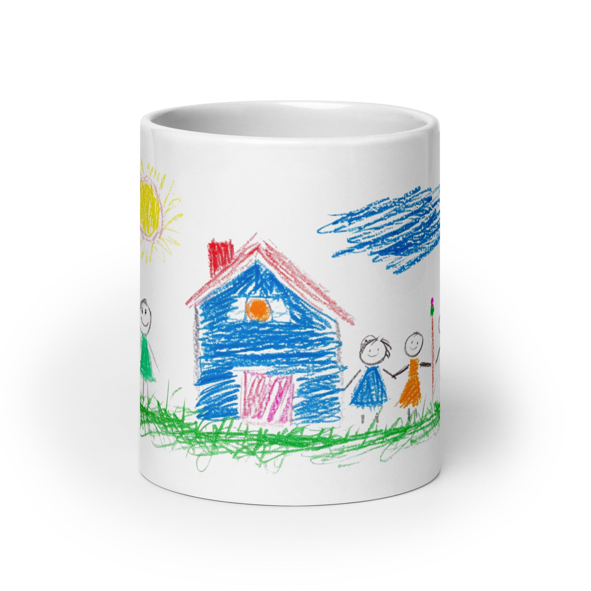 Two white ceramic mugs with colorful childlike drawings. One mug displays a house, sun, and a smiling family.