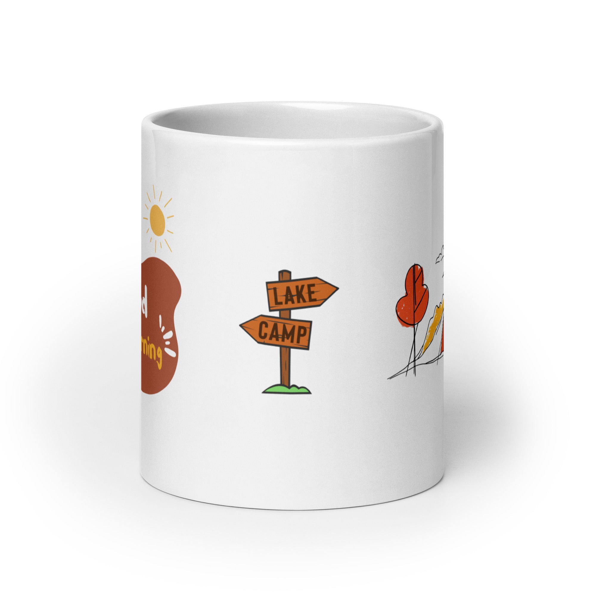 Two ceramic mugs, one with a camping tent and sun design and the other with a 'Good Morning' text and sun design, both in white with colorful illustrations.