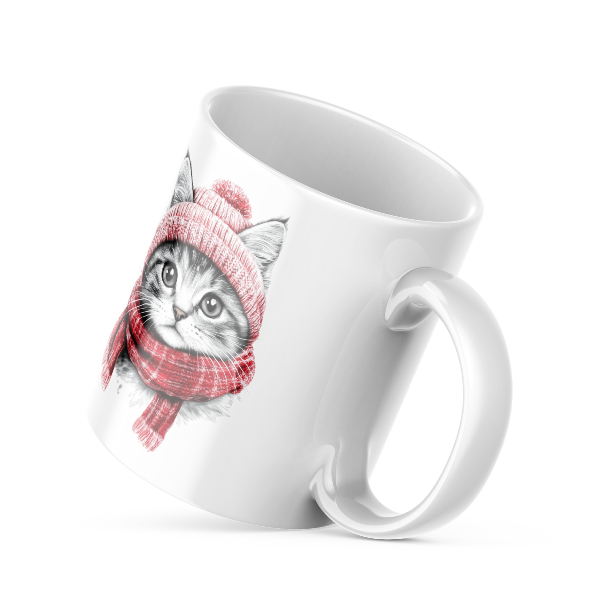  Closeup of hand-drawn winter kitten in wool hat and scarf on mug