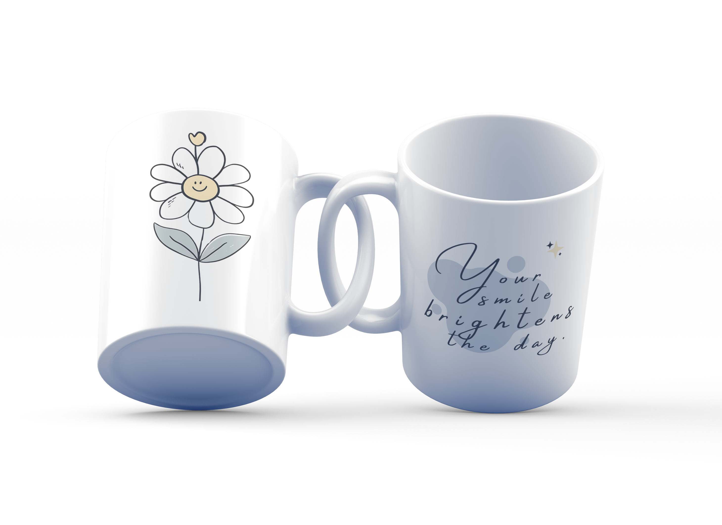 A white ceramic mug with a whimsical flower design and a message that reads 'You smile brightens the day'.